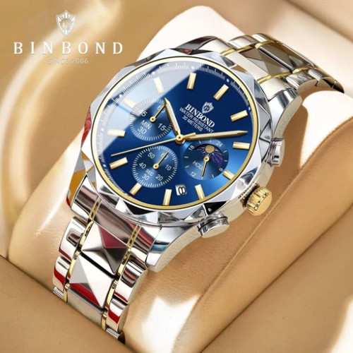 ساعت مچی مردانه اورجینال سه موتور فعال بین باند کرنوگراف رنگ ثابت شب نما ضد اب خاص وشیک BIN BOND
